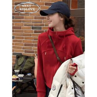 香港欧货2024秋冬新款红色连帽长袖卫衣女加绒短款小个子开衫外套