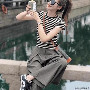 两件套装 日系夏季 上衣阔腿裤 茶系穿搭一整套网红时尚 显瘦条纹短袖