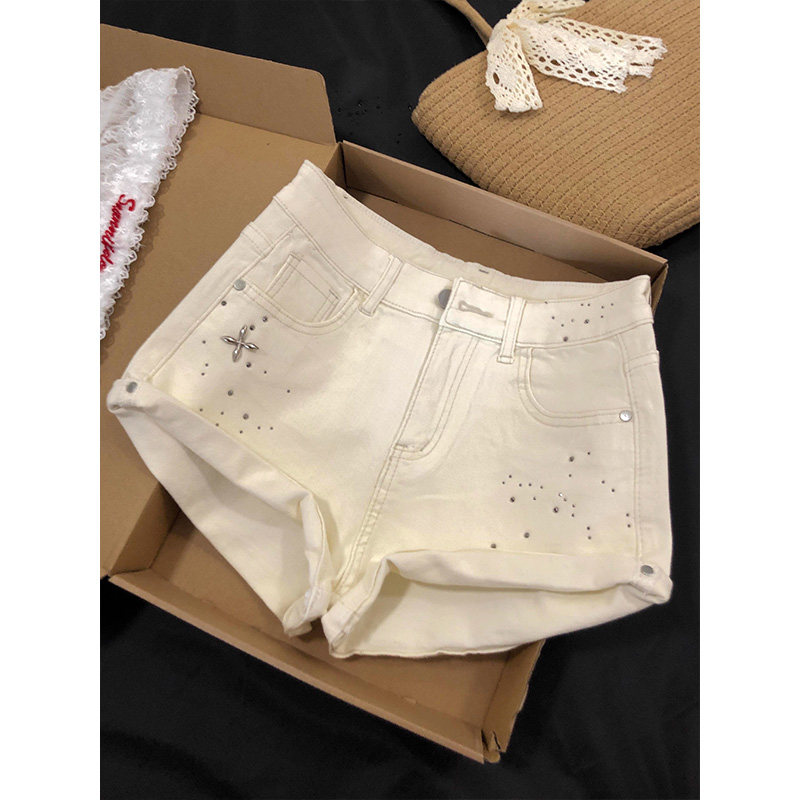 白色高腰卷边牛仔短裤女夏季欧洲站新款辣妹风烫钻百搭阔腿A字裤