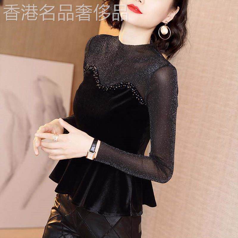 假两件金丝绒上衣女春秋新款今年流行漂亮小衫黑色洋气蕾丝打底衫