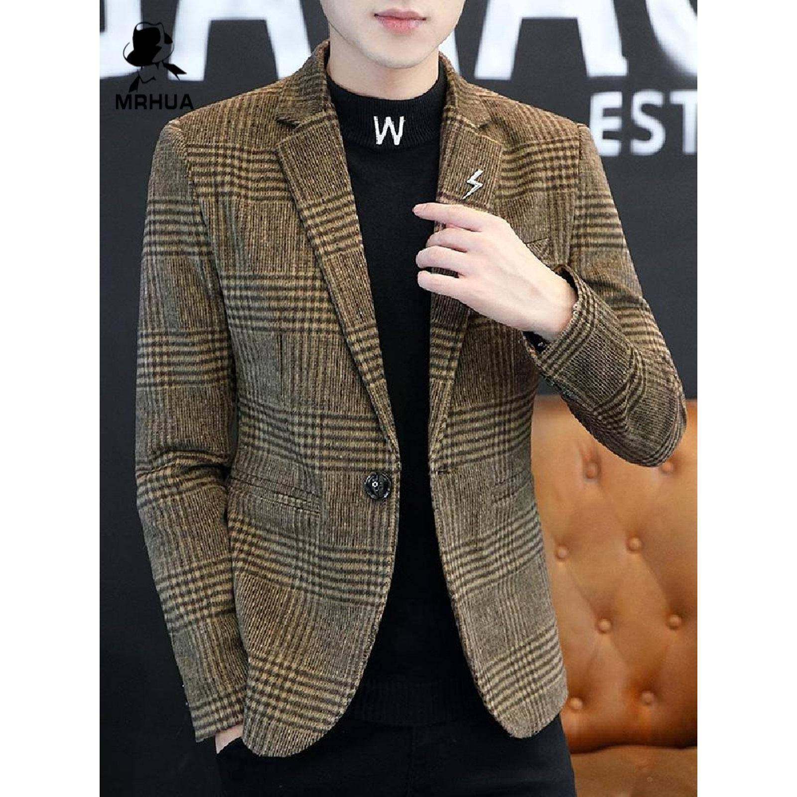 高端男士秋冬季加绒小西装韩版潮流修身青年商务休闲格子西服外套