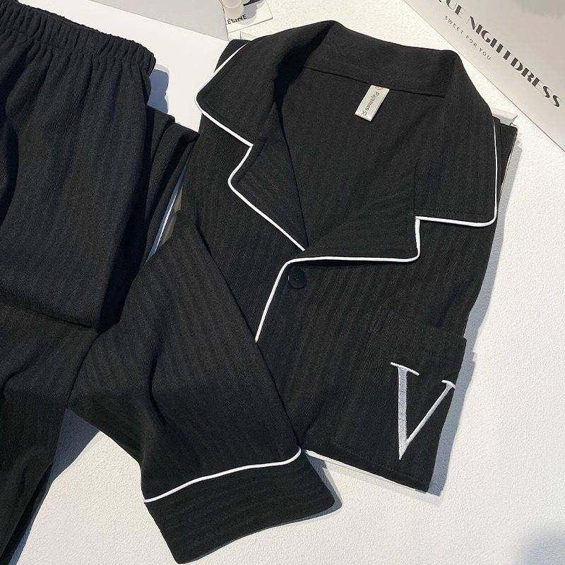 日本双面德绒男士睡衣秋冬黑色大码加肥法兰绒简约条纹薄绒家居服