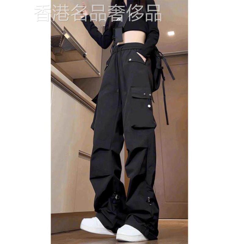 美式黑色工装裤女士早秋新款多口袋高腰机能裤大码宽松显瘦阔腿裤