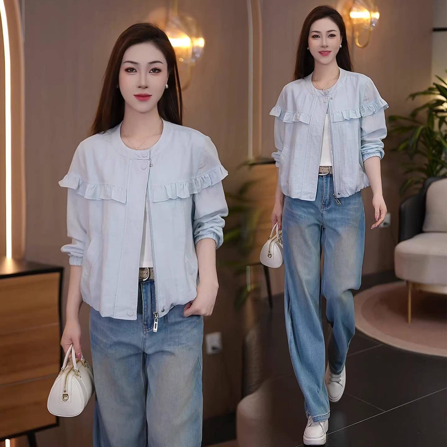 香港代购时尚洋气短款外套女春新款设计感宽松显瘦荷叶边夹克上衣