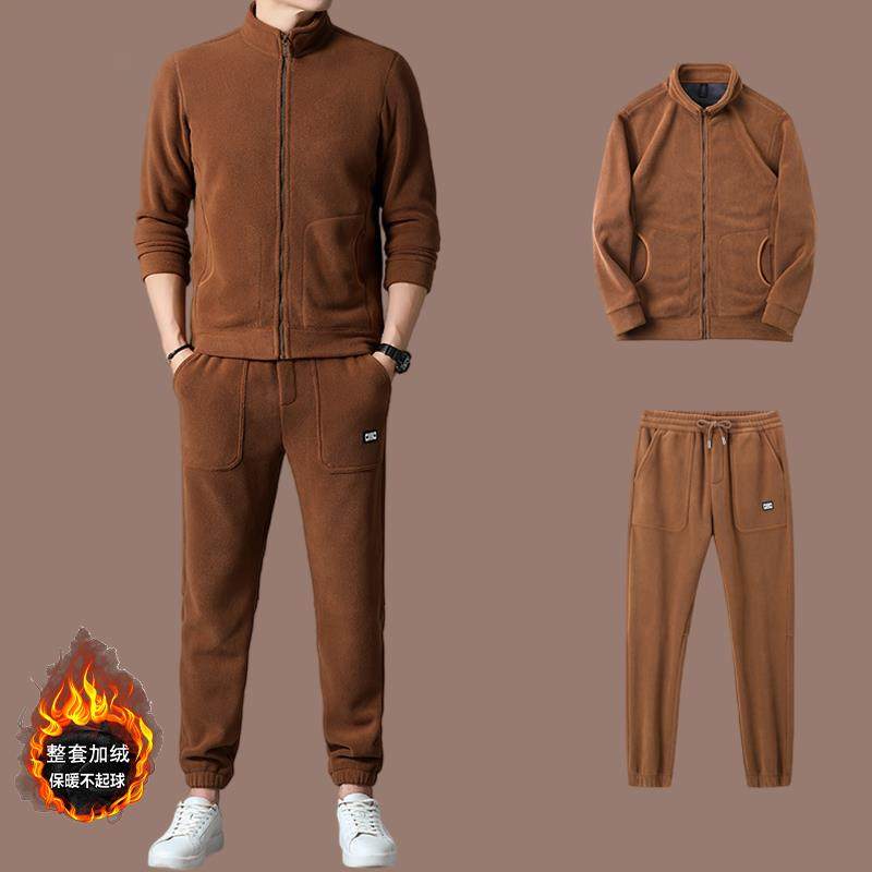 高端品牌可外穿家居服男款秋冬款冬季珊瑚绒加绒加厚拉链睡衣裤套