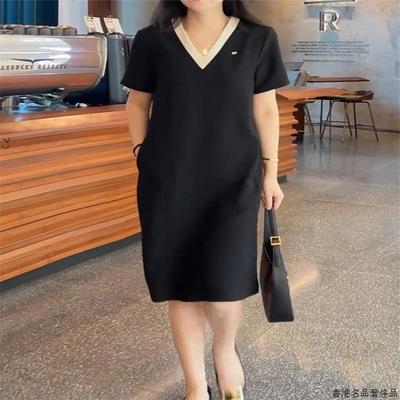 欧洲站大码简约宽松显瘦V领T恤裙2025年夏季新款减龄气质连衣裙女