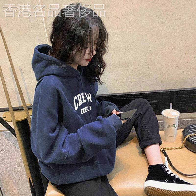 韩版字母连帽卫衣女薄款上衣2025秋冬新款宽松加绒加厚外套ins潮