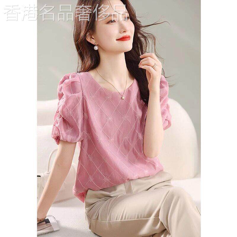 粉色泡泡袖衬衫女夏季2026新款韩版设计感时尚菱格显瘦圆领薄上衣