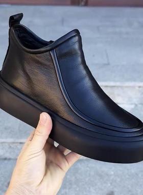 63751头层牛皮休闲新款加绒时尚男士头层牛皮侧拉链休闲男皮鞋