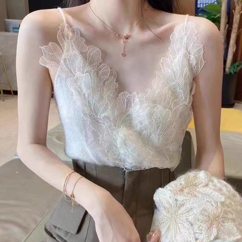 日系白色重工性感蕾丝拼接v领小吊带女打底衫法式覆古背心可外穿