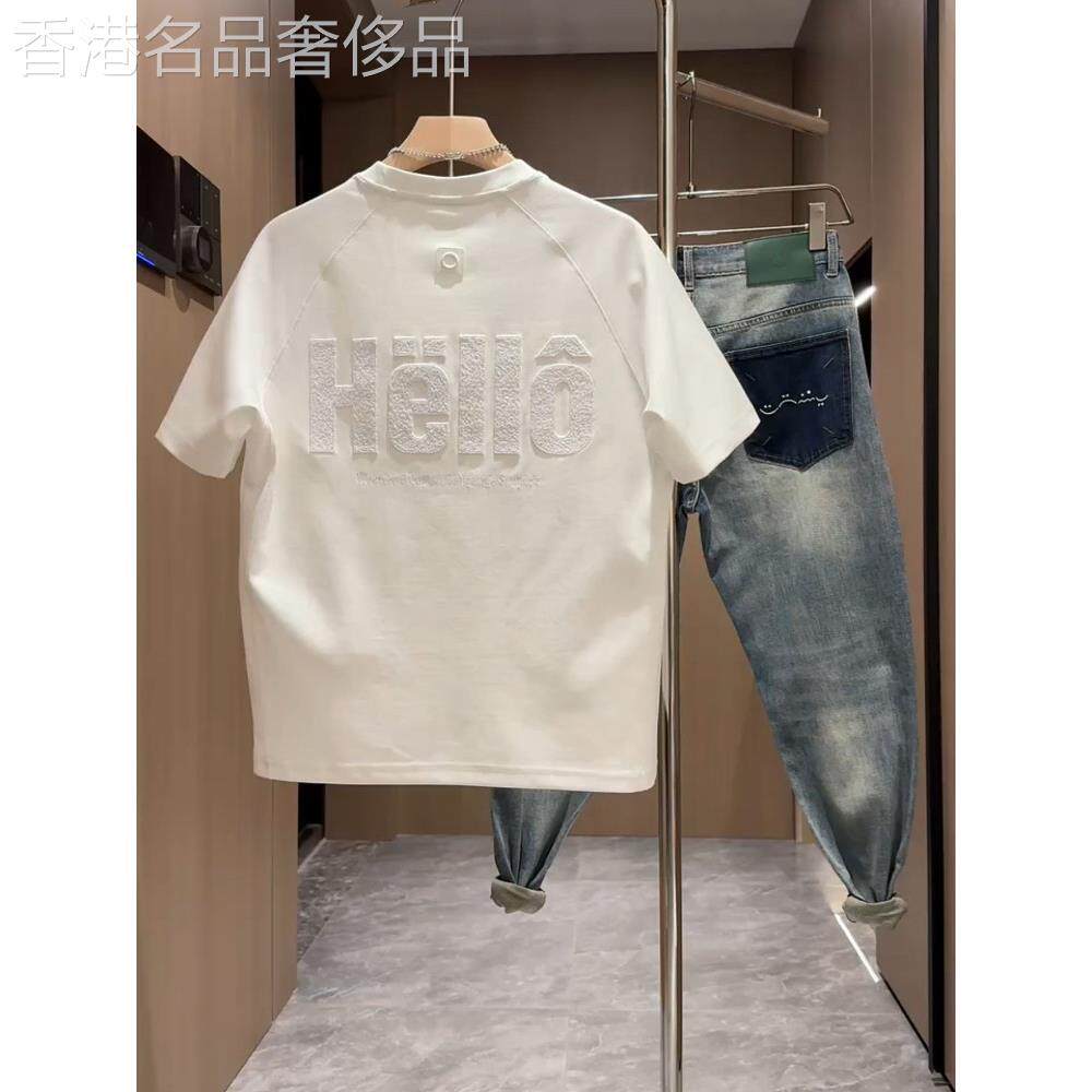 代购夏季新款潮牌圆领短袖T恤男痞帅休闲宽松纯棉高级感半截袖男