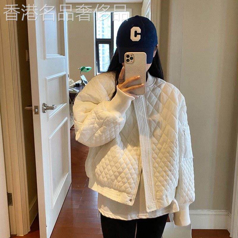 白色菱格轻薄棉服外套女冬欧货冲锋衣短款夹棉衬衫飞行夹克棒球服