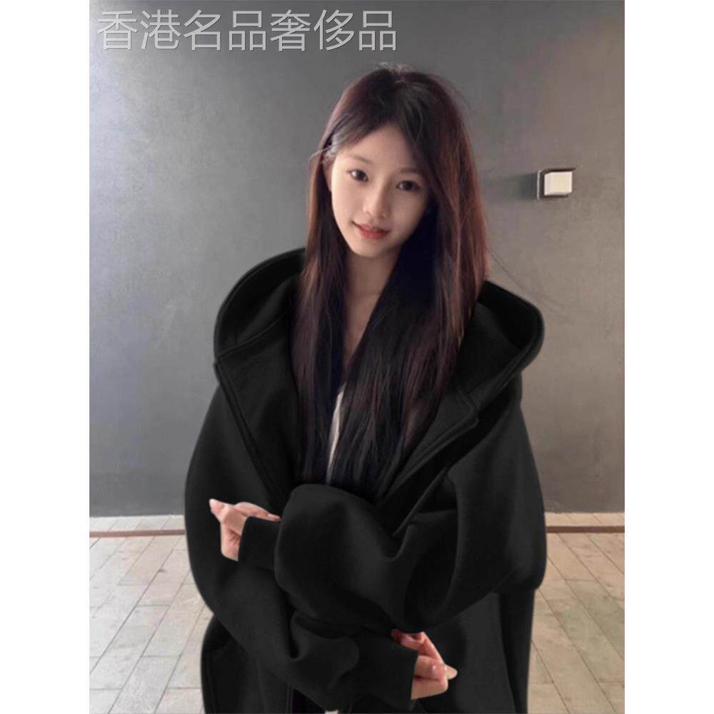黑色中长款开衫卫衣外套女2025秋季新款慵懒风纯色百搭休闲上衣潮