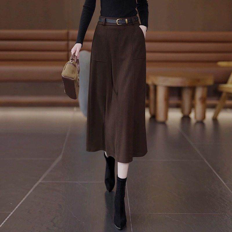 咖色毛呢半身裙女秋冬2025新款高腰显瘦垂感a字大摆裙中长款伞裙