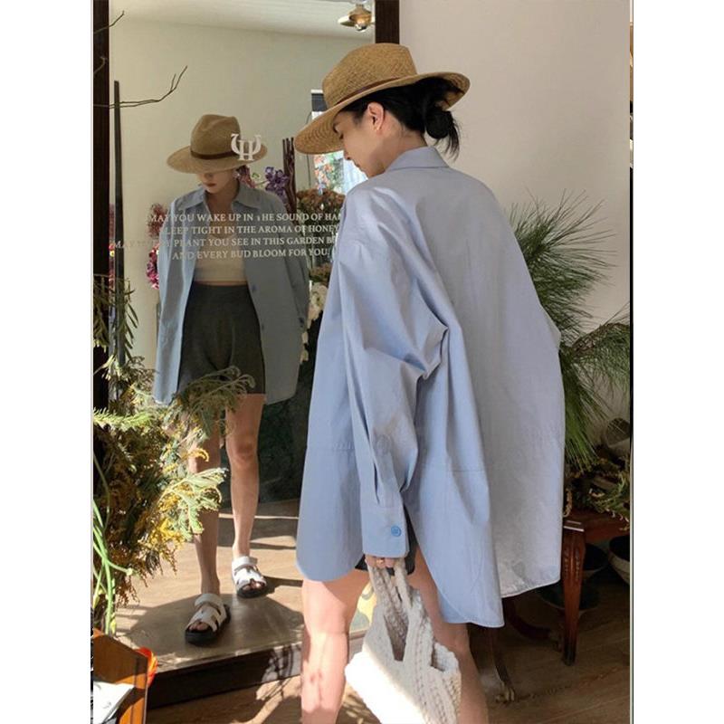 蓝色翻领长袖女式春秋季欧洲站新款宽松慵懒风格百搭休闲中长衬衫
