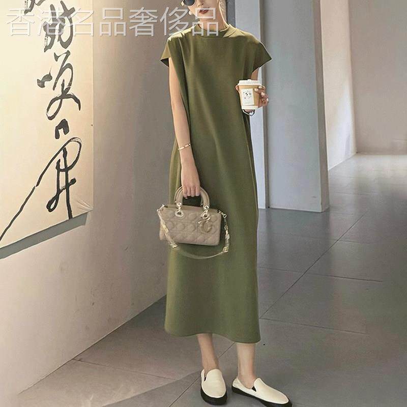 休闲 长版短袖洋装女2025年夏季新款高级感宽松显瘦直筒开 叉长裙