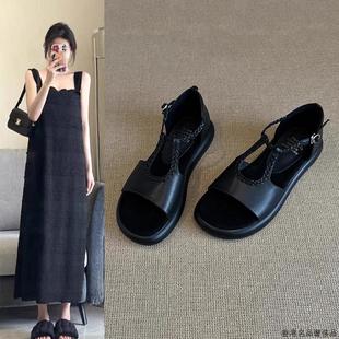 香港真皮厚底凉鞋 女夏季 外穿2025新款 配裙子不累脚绝美沙滩罗马鞋
