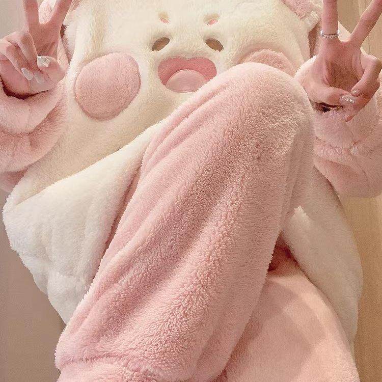 珊瑚绒睡衣女款秋冬季加厚加绒可爱法兰绒家居服冬天学生保暖套装