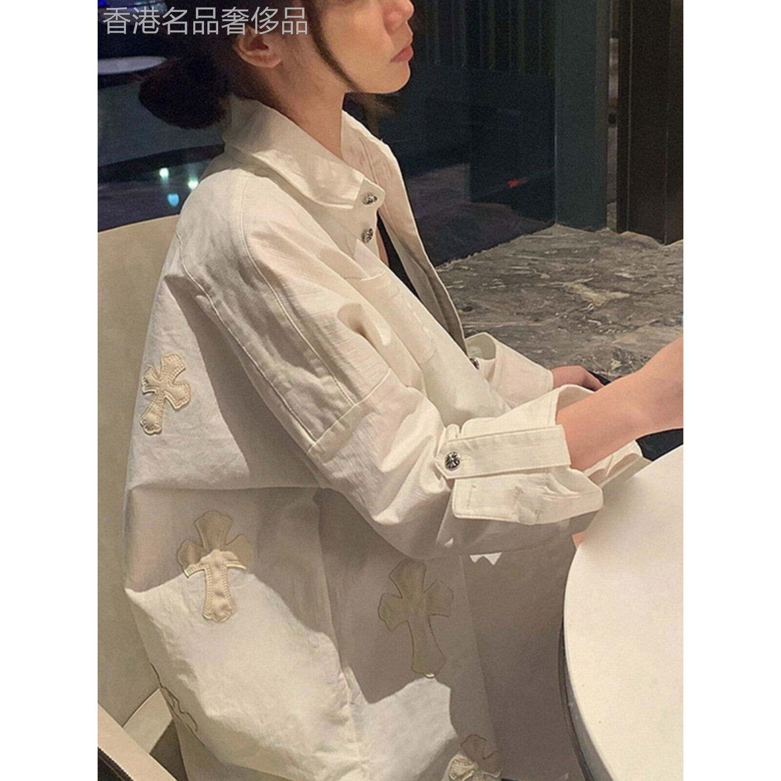 白色衬衫女春秋深圳欧货长袖上衣十字架开衫拼皮刺绣衬衣潮牌外套