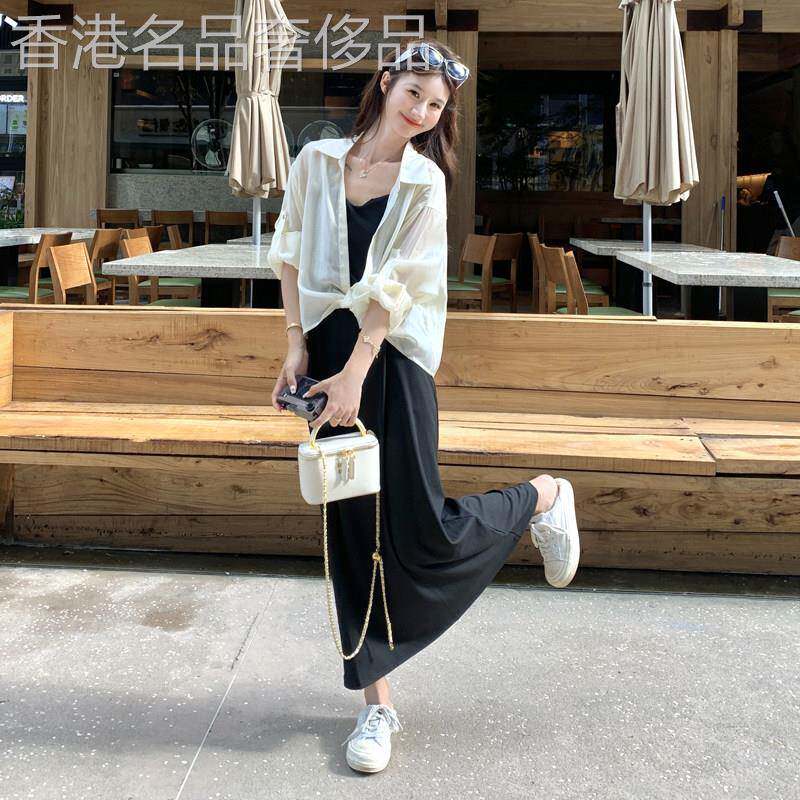 法式黑色吊带洋装衬衫两件套女2026春季新款气质高级感扭结长裙