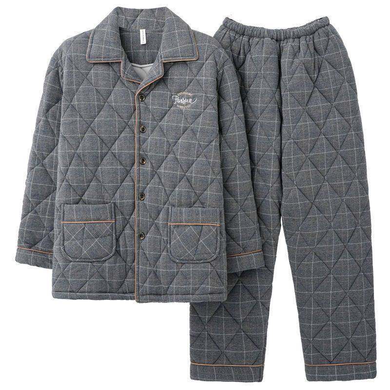 日本100%纯棉加厚睡衣男士冬季保暖三层夹棉大码家居服秋冬天套装