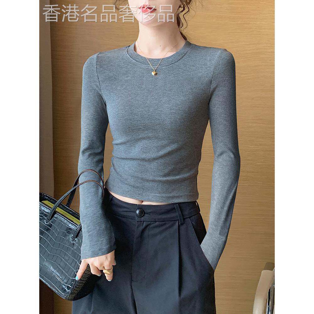 灰色短款打底衫女春秋冬内搭可外穿2025新款针织洋气修身t恤上衣