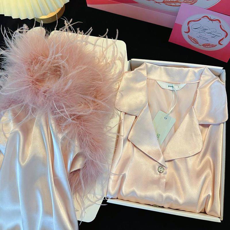 睡衣女春秋季真丝高级感送闺蜜鸵鸟羽毛袖生日礼物睡袍家居服礼盒