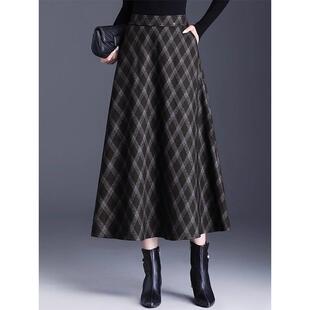 格子毛呢半身裙女秋冬新款大码遮胯显瘦裙子冬裙a字长裙大摆半裙