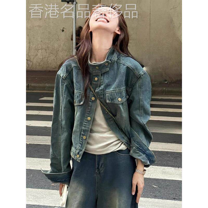 蓝色覆古立领长袖牛仔外套女春秋欧货短款机车服韩版气质夹克外衣
