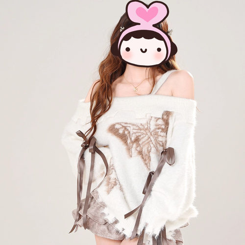 亚文化慵懒风秋冬新款软糯针织开衫毛衣复古蝴蝶飘带露肩设计上衣