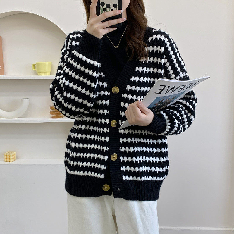秋冬装新款条纹针织开衫女宽松慵懒风2023小香风V领加厚毛衣外套,女装/女士精品,毛衣,淘宝优惠券,粉丝福利购,淘宝优惠卷