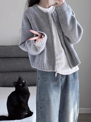 毛混纺拉链圆领开衫针织衫