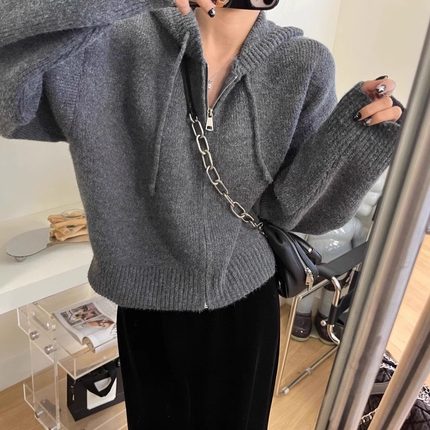 设计感拉链连帽毛衣开衫外套女宽松春秋季新款短款针织上衣加厚