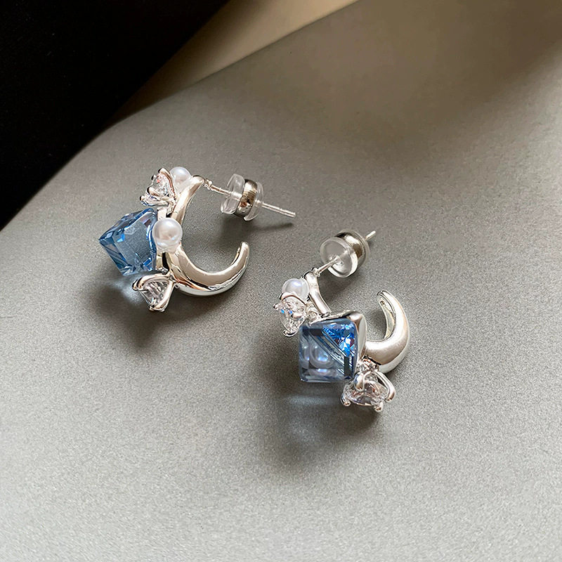 轻奢气质蓝色漂亮耳环圈圈纯银针耳钉小众独特s家珍珠耳饰