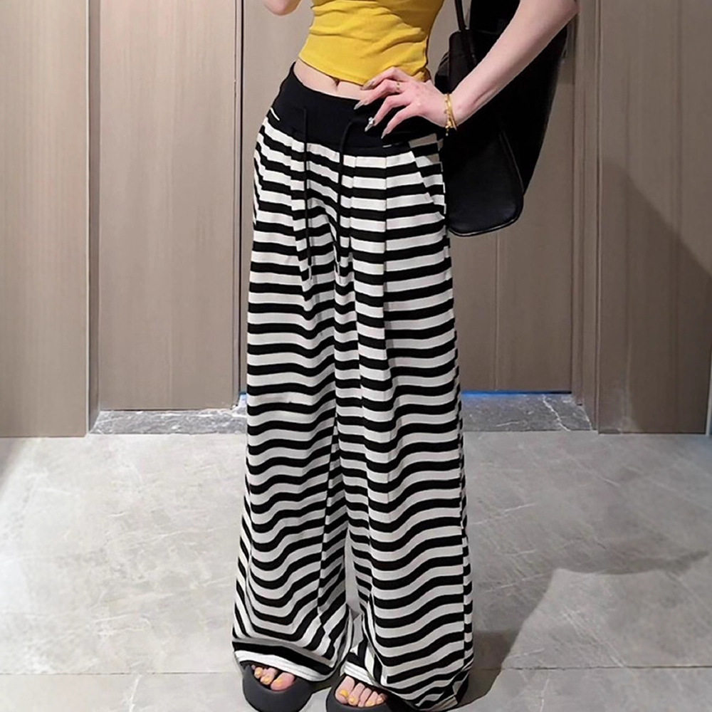 美式黑白条纹运动裤女时尚夏季新款高腰显瘦松弛感休闲阔腿拖地