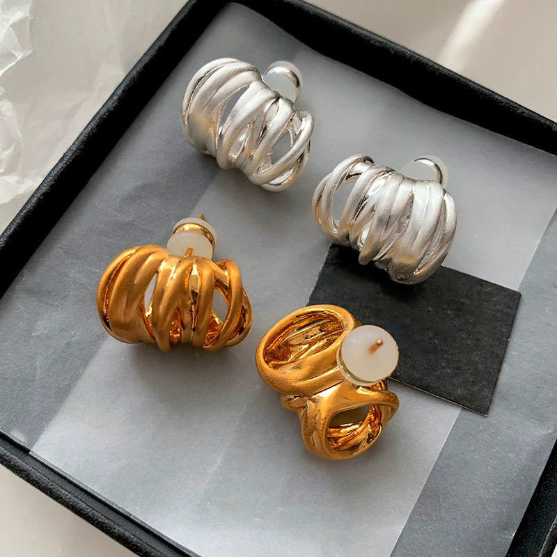 欧美夸张磨砂复古哑光金银色线条耳环漂亮慵懒圈圈耳钉耳饰女