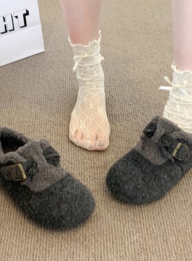 大码女鞋41到43勃肯鞋2025秋冬新款加绒豆豆鞋灰色毛毛棉鞋子平底