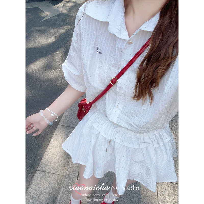 韩系甜美风白色条纹烫钻短袖衬衫上衣女夏小个子穿搭半身裙两件套