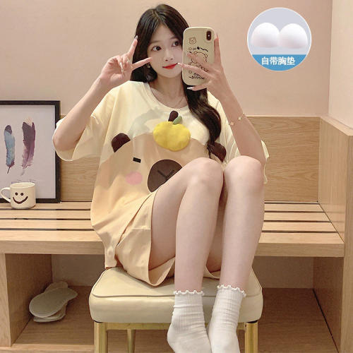 睡衣女款夏季带胸垫短袖