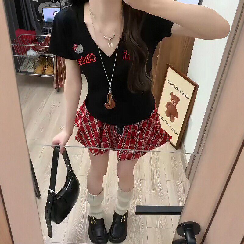美式辣妹风休闲运动服套装女夏季修身字母V领短袖短裙显瘦两件套