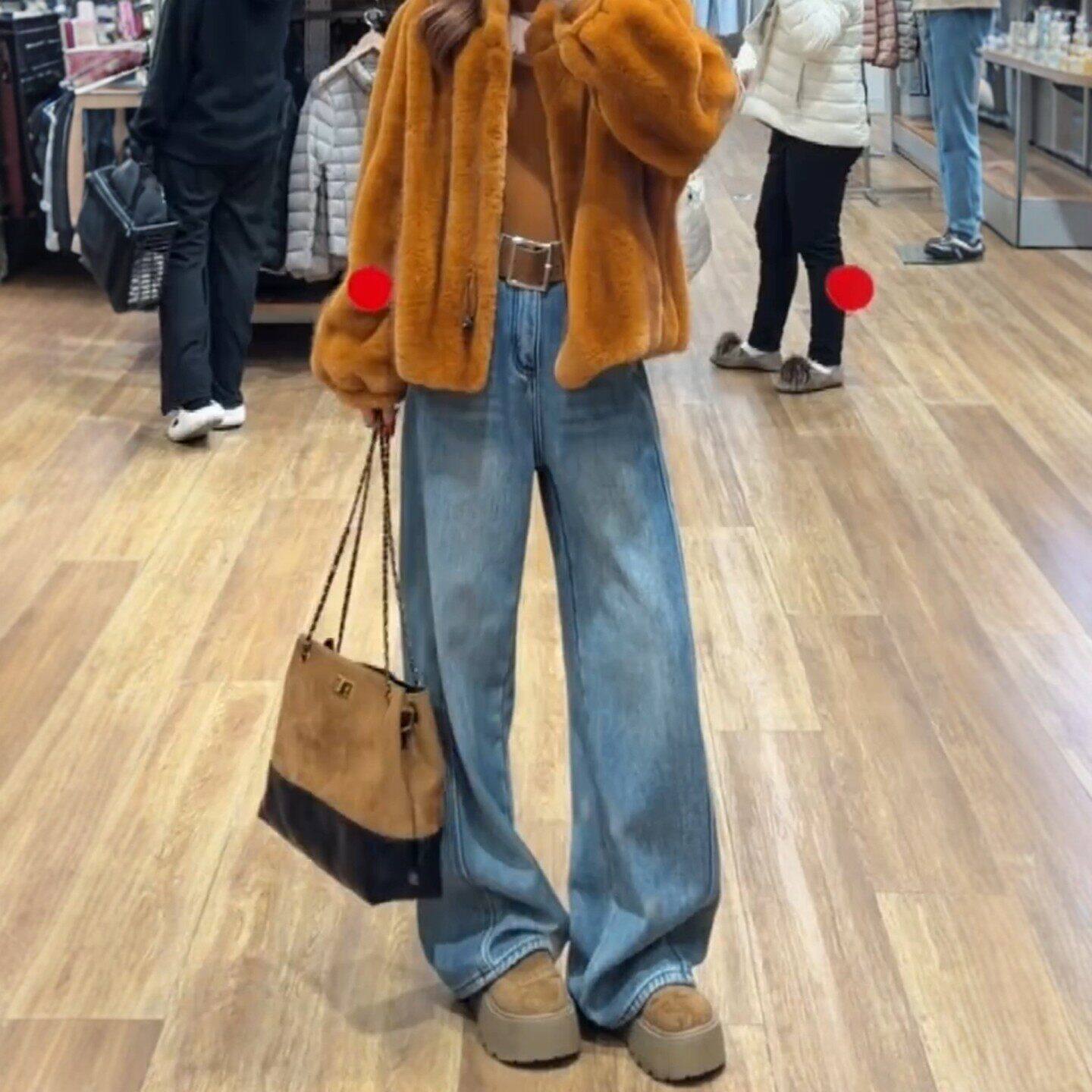 美式蓝色弯刀牛仔裤女2026早春新款大码胖mm高腰显瘦宽松阔腿裤子