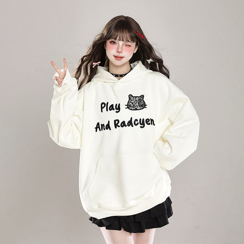 甜美可爱刺绣连帽卫衣外套女秋季穿搭韩系慵懒风加绒加厚宽松上衣