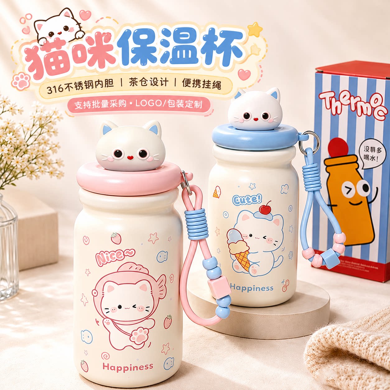 可爱猫咪吸管保温杯316不锈钢