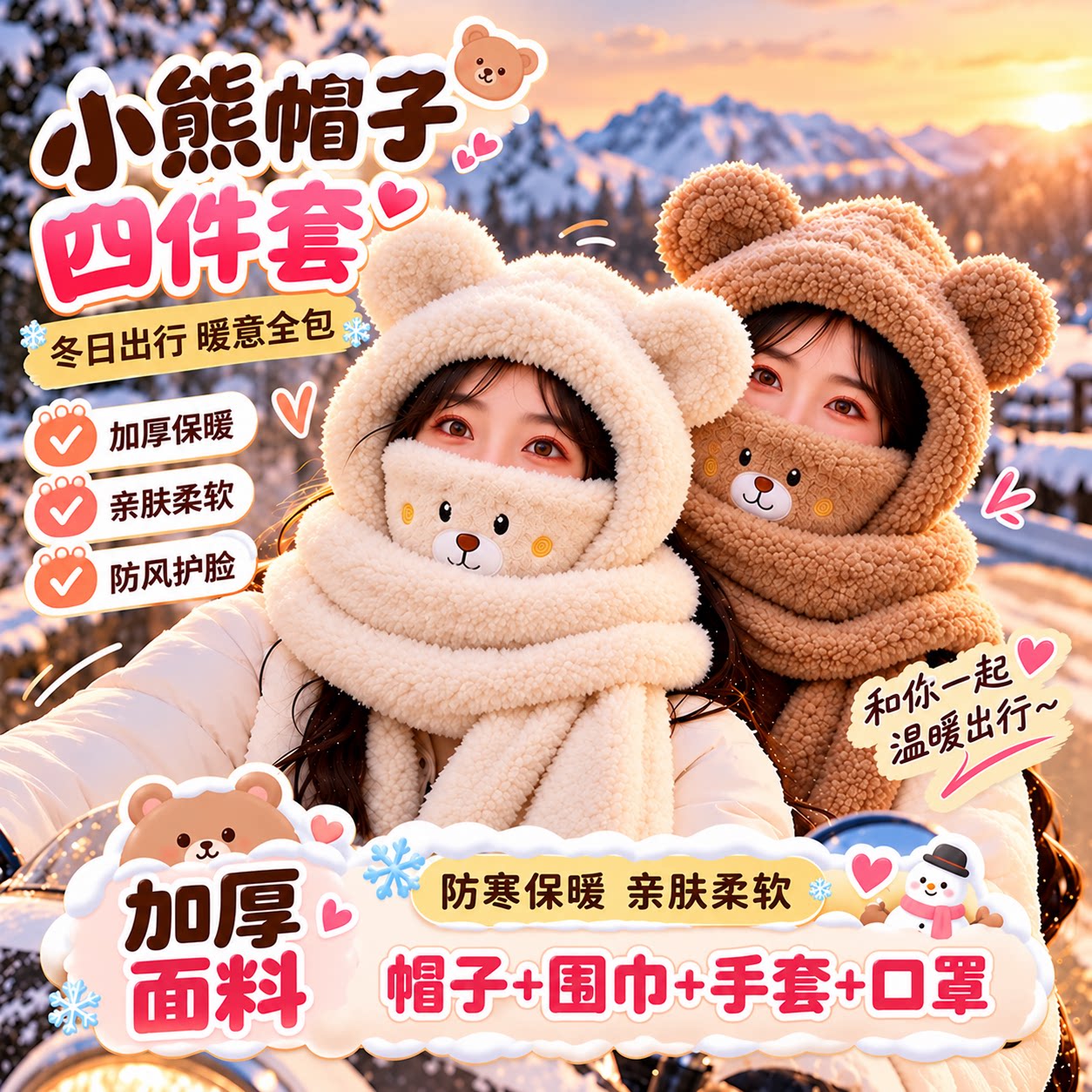 小熊帽子围巾手套口罩一体冬季
