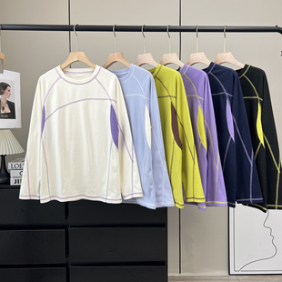 山系户外情侣款~苏哈明线刺绣双面磨毛加厚撞色保暖打底衫T恤女冬