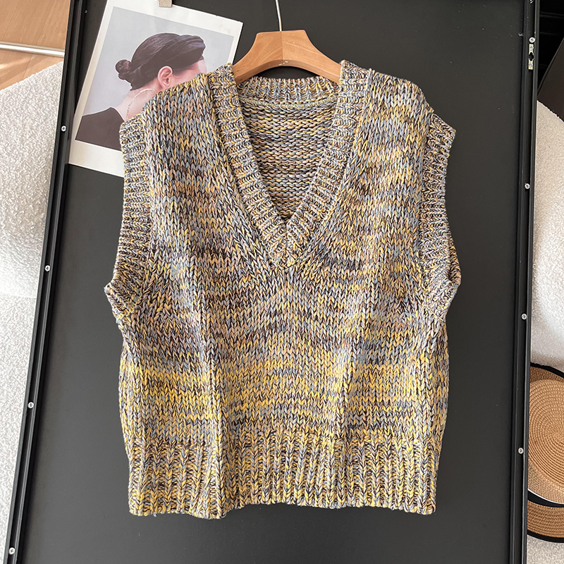 北欧C+木巨790+休闲版宽松阔型V领混色粗棒针织背心盖肩无袖马甲