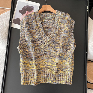 北欧C+木巨790+休闲版宽松阔型V领混色粗棒针织背心盖肩无袖马甲
