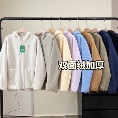 加厚双面摇粒绒连帽羊羔绒外套冬