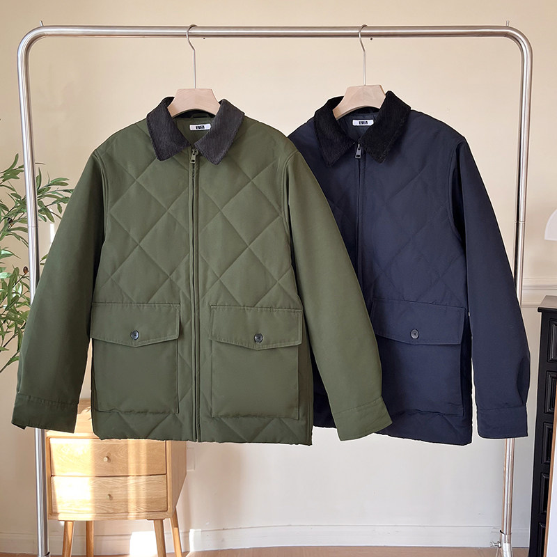 日单~试衣间情侣款冬装新品灯芯绒翻领菱格绗棉休闲棉服外套冬