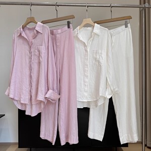 北欧风~木巨1250+复古松弛水洗100亚麻翻领衬衫阔腿休闲裤套装女